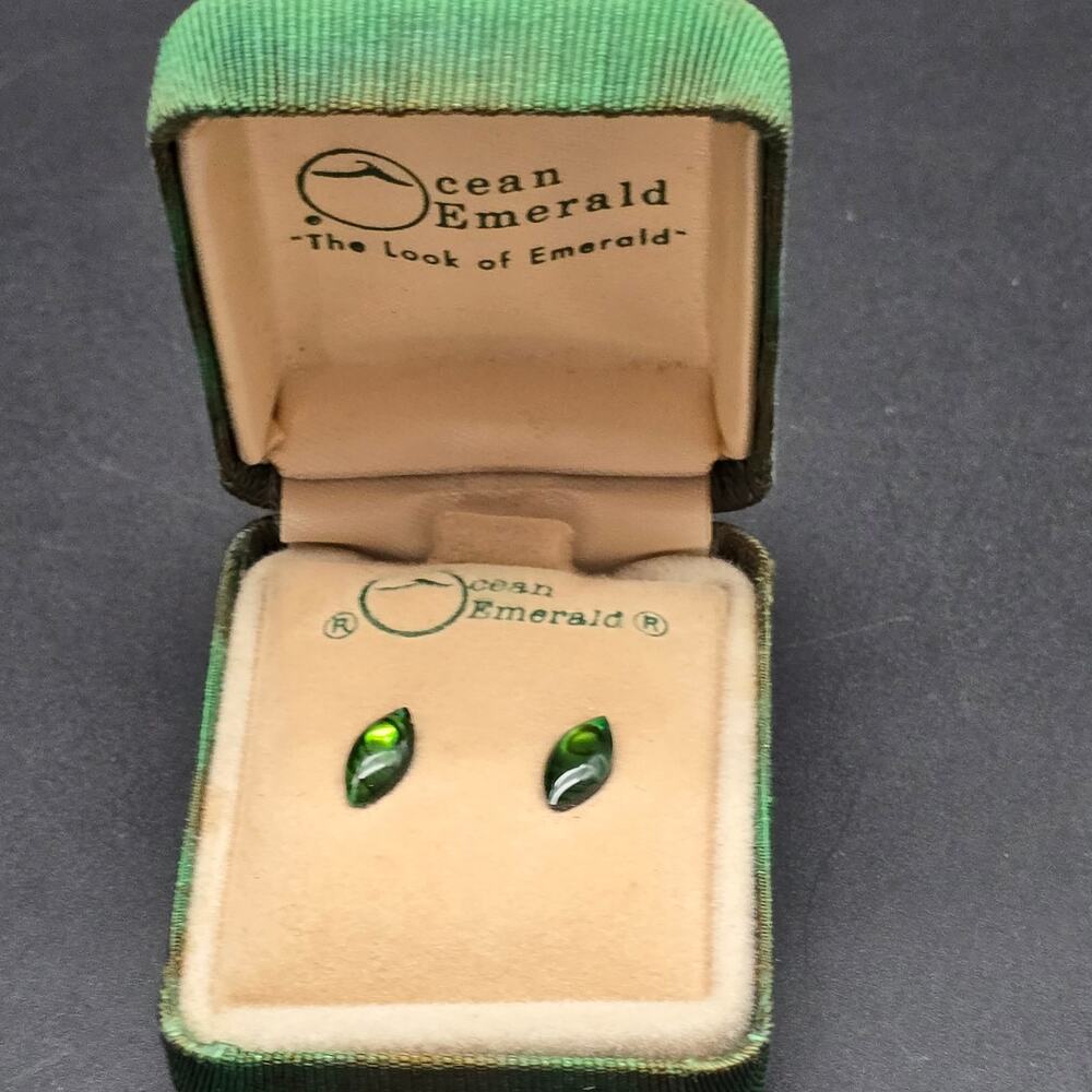 Ocean Emerald Brand Paua Shell Stud Earrings Vintage Costume Jewelry